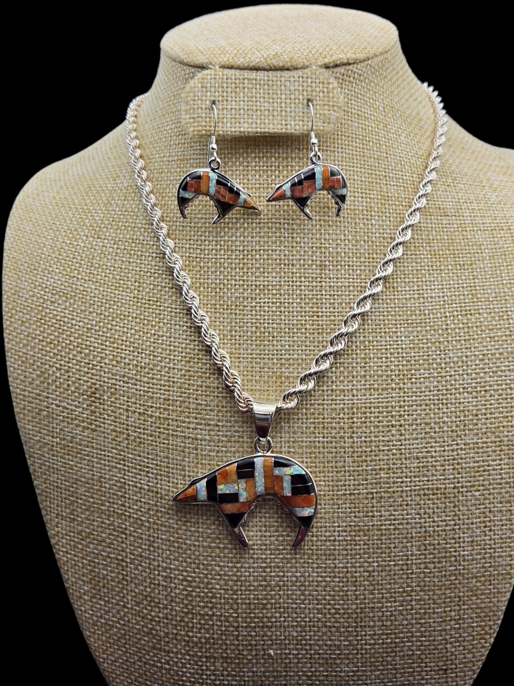 Handmade Inlay Bear Necklace and Earrings Set - Multicolor Sterling